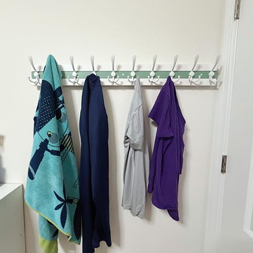 SKOLOO Coastal Wall Mounted Coat Rack - 38-1/8" Beach House Entryway Wooden Coat Hook with 10 Hooks for Hanging Coats, Hats or Towels, Oceanfront Cottage Core Collection, White & Green - color: Green & White Plates & White Hook, size: 1 Item-10 Hooks