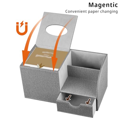 Nightstand Organizer with Tissue Holder,PU Leather Square Tissue Box Cover,Modern Facial Paper Organizer Storage Box for Remote Control,Bathroom,Vanity Countertop,End Table Home Office.Gray - color: Gray
