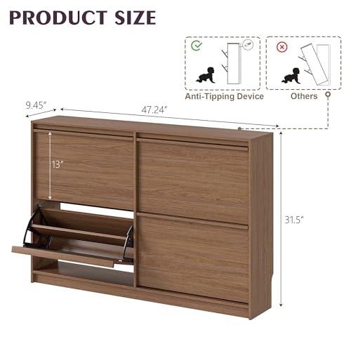 Shoe Cabinet with 4 Flip Drawers, Modern Narrow Shoe Storage Cabinet Organizer with Adjustable Shelf, Hidden Freestanding Shoe Rack for Entryway, Hallway, Living Room, Walnut - color: Walnut, size: 9.45"D x 47.24"W x 31.5"H(4 drawers)