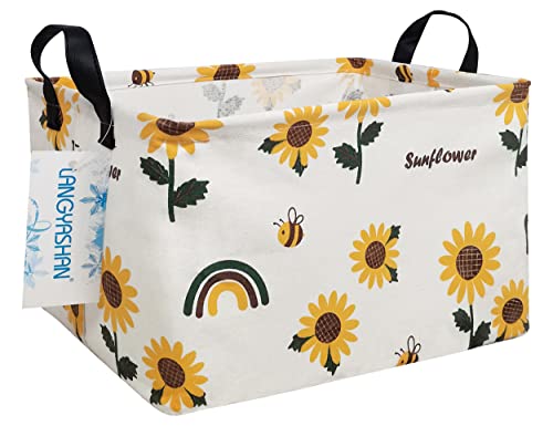 LANGYASHAN Rectangular Storage Bin Collapse Canvas Fabric Cartoon Storage Basket with Handles for Organizing Home Kitchen Boys and Girls Toys Office Closet Shelf Baskets(Rec Sunflower) - color: Rec Sunflower