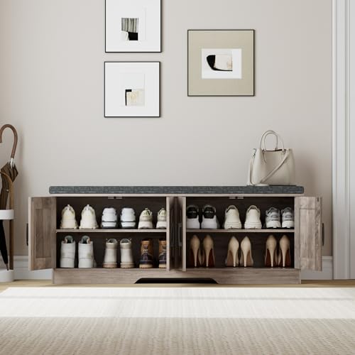 HOMSHO 2-Tier Storage Bench, 47.2" Wide Shoe Bench with Padded Seat Cushion, Entryway Bench with 4 Barn Doors and Adjustable Shelf, Greige - color: Greige, size: 47.2" Wide