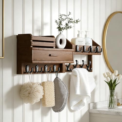 Wall Mounted Coat Rack with Shelf & Drawer, Heavy Duty Solid Wood Entryway Organizer, 29’’ Coat Rack Wall Mount with 12 Metal Hooks, Key & Mail Holder for Living Room, Bedroom