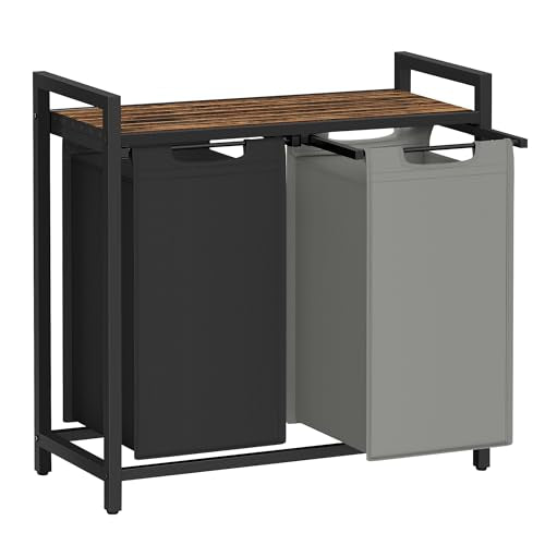 VASAGLE Laundry Hamper, Laundry Basket, Laundry Sorter with 2 Pull-Out and Removable Bags, Shelf, Metal Frame, 2 x 12.1 Gallons (46 L), 28.8 x 13 x 28.4 Inches, Bicolor and Rustic Brown UBLH201X01 - color: Bicolor + Rustic Brown, size: 2 Bags - 92 L