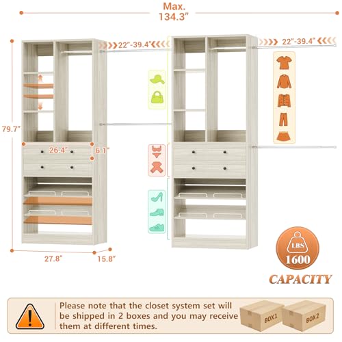 Besiost Closet System, Up to 134"/11.2 FT Closet Organizer with 4 Wooden Drawers and Shelves, Walk-in Closet System with 6 Hanging Rods, Built-in Closet Can Fit 96"/8FT, 120"/10FT, Greige Oak - color: Greige Oak, size: Style A: 77.6"—134"(W)