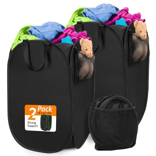 Upgraded Pop-up Laundry Hamper 2 Pack, 70L(18.5 Gal) Laundry Basket with Thickened 600D Oxford Fabric,2.4X Denser Mesh Side Pocket, 0.2mm Added Thickness Steel Frame, Easy to Open and Fold for Storage - color: Black-Upgraded, size: 2-Pack