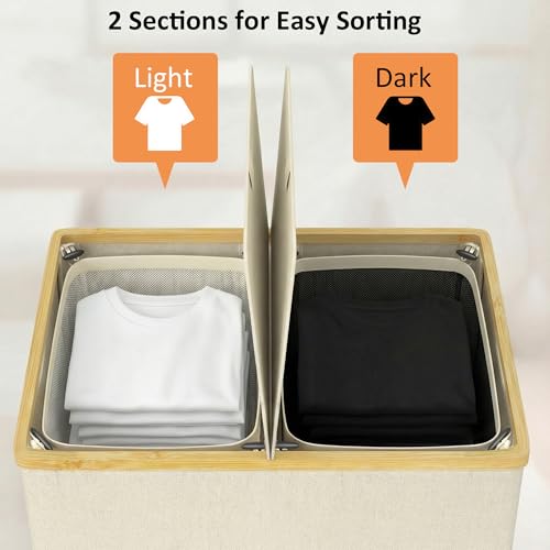 efluky Laundry Hamper with Lid, Double Laundry Hamper with 2 Removable Bags, 2 Section Laundry Basket with Bamboo Handles for Bathroom, Bedroom & Laundry Room, 140L (36.9 Gallon) Beige - color: Beige, size: 140L Dual