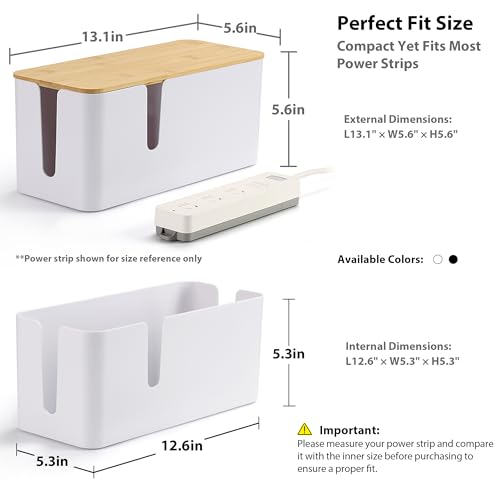 ZhiYo Bamboo Lid Cord Organizer Box, Safe ABS Cable Management Box for TV and Computer, Wood Cover Cord Hider to Hide Wires, Router, USB Hub & Under Desk Power Strip, 1 Pack L13.1 xW5.6 xH5.6 White - color: White, size: L