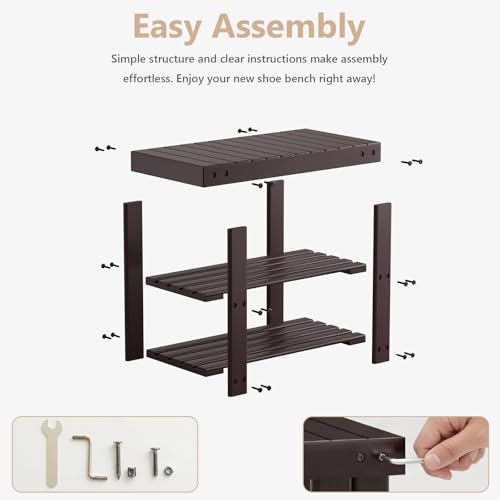Sweetcrispy Shoe Rack Bench, 3-Tier Bamboo Entryway Storage Organizer, 286lb Capacity, Shoes Stand for FrontDoor Entrance, Bedroom, Living Room, Bathroom, Balcony, 19 Inches Length, Brown - color: Brown, size: 19 inches WIdth