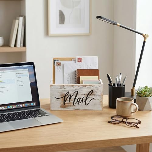 MyGift Mail Holder Storage Organizer Box Whitewashed Wood with MAIL Script Design, Desktop Letters, Bills, Notes and Postcard Bin for Home Office Dorm Room - color: Whitewashed