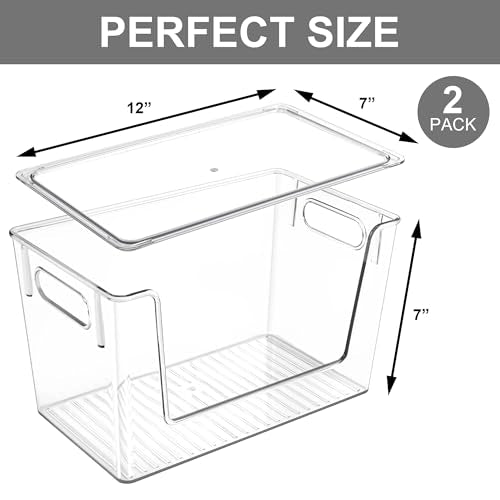 2 Pack Large Stackable Storage Bins, Plastic Container Organizer with Open Front, Pantry Organizers and Storage for Potato, Onion, Fruit and Vegetable, Clear Kitchen Laundry Organizer with Lid