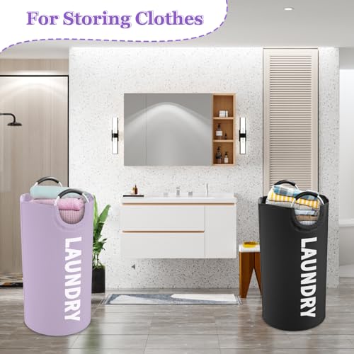 Set of 2 Collapsible Laundry Baskets with Aluminum Handles, 95L Large Laundry Baskets in 600D Oxford Fabric, Portable Dirty Clothes Hampers for Bedroom, Travel, Black + Purple - color: Black + Purple, size: L-95L