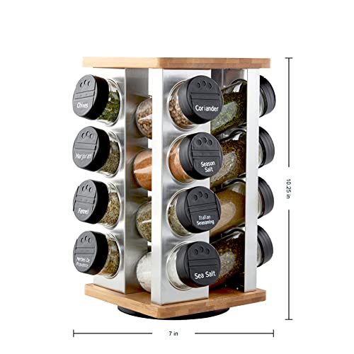 Kamenstein 16 Jar Warner Revolving Countertop Spice Rack Organizer with Lift & Pour Caps and Spices Included, FREE Spice Refills for 5 years, Stainless Steel & Bamboo with Black Caps - size: 16-Jar, style: 16-Jar Bamboo Revolving