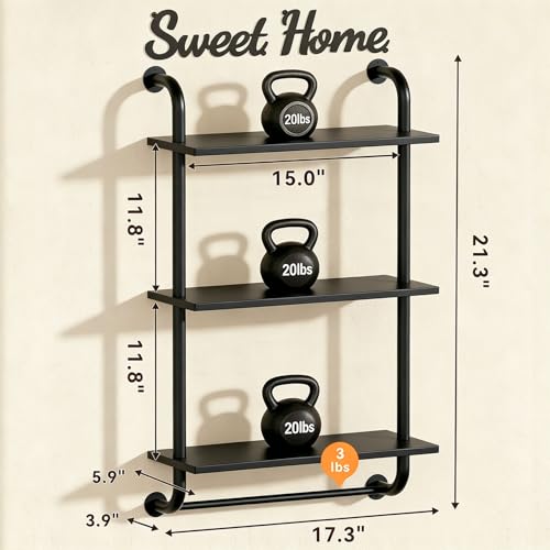 Tinpin Bathroom Shelves Wall Mounted, Rustic Farmhouse Pipe Shelves, Walls Shelf 3-Tier, Industrial Pipe Shelving, Floating Shelf Wall Decor for Bathroom, Kitchen, Bedroom, Living Room 17.3in Black - color: Black, size: 3 tier