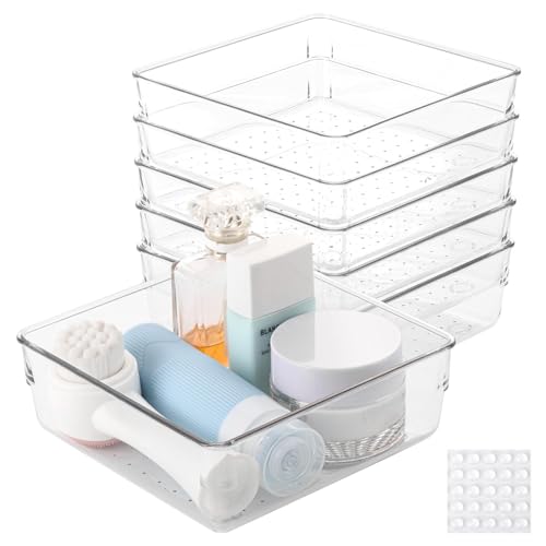 Ohlove 6 Pcs Large Clear Plastic Drawer Organizers Tray 6" x 6" Storage Bins with 25 Pcs Non-Slip Pads for Makeup, Jewelries, Kitchen Utensils, Bathroom and Office - size: 6"x6"