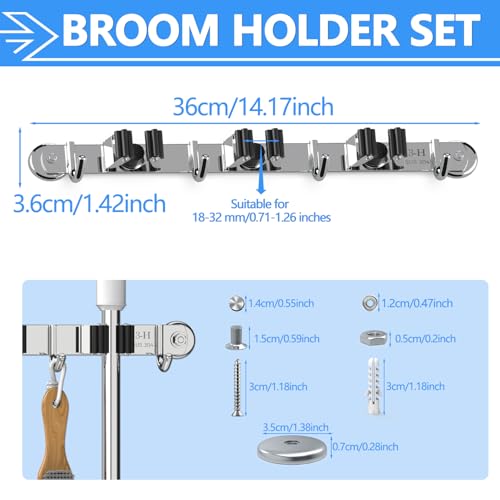 3-H Magnetic Broom Holder Wall Mount 2 Pack, 2-in-1 Dual Mount (No Drill or Screw Fix), 304 Stainless Steel Heavy Duty Magnet Mop Broom Organizer for Kitchen Garden Garage(3 Racks & 4 Hooks, Silver) - color: Silver, size: 2pc & 3R4H