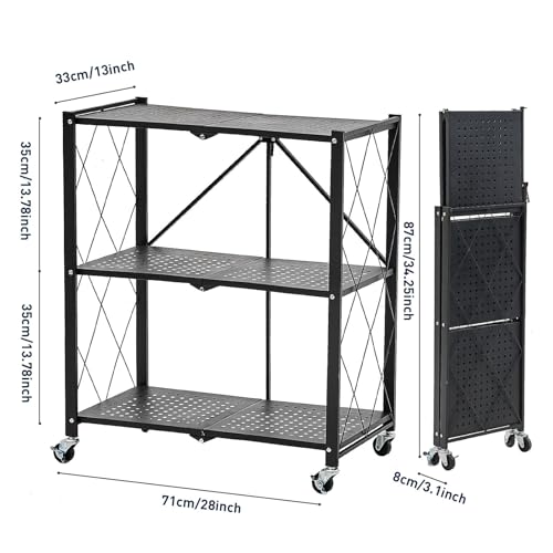 BRIAN & DANY 3-Tier Foldable Storage Shelves with Wheels, No Assembly Folding Shelf Metal Rack, Shelving Unit for Kitchen, Garage, Black - color: Black, size: 3-tier