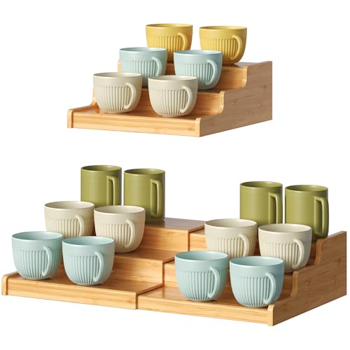 Hongtamoya 3-Tier Expandable Bamboo Mug Holder For Countertop Coffee Cup Holder Display Mug Organizer Mug Rack for Coffee Bar Organizer Mug Shelf for Cabinet for Kitchen, Home - size: (12.40~24.01'')L*10.62''W*4.33''H