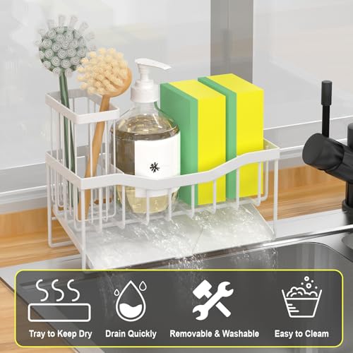 Fssvcd Maifan Sink Caddy Sponge Holder for Kitchen with Brush Holder and Stainless Steel Self Drain Tray, Rustproof Kitchen Sink Organizer for Sponge, Soap Dispenser Storage Accessories - color: White
