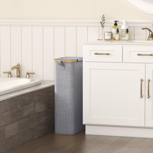 Lifewit 65L Slim Laundry Hamper with Lid, Narrow Laundry Basket with Removable Bag & Bamboo Handles, Fodable Thin Dirty Clothes Hamper for Laundry Collapsible Bin for Bathroom Bedroom Dorm, Gray - color: Gray, size: 65L