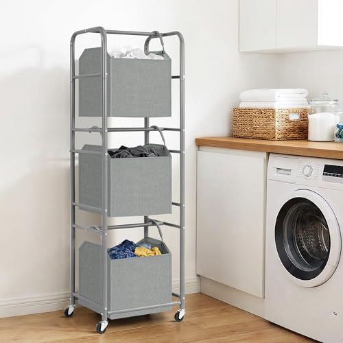 150L 3-Tier Vertical Laundry Hamper Sorter with Water-Resistant Removable Bag, Rolling Laundry Cart with Wheels & Brakes for Apartment, Dorm, Bathroom, Laundry Room, Grey