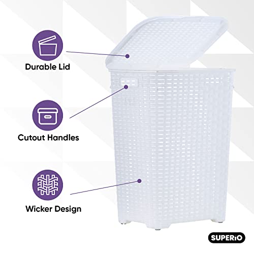 Plastic Laundry Hamper with Lid, Designed Laundry Hamper Basket, Beige Tall Cloths Hamper Organizer with Cut-out Handles. Space Saving for Laundry Room Bedroom Bathroom, Wicker Design 60 Liter - color: White, size: 1-pack