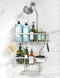 YASONIC Never-Rust Aluminum Hanging Shower Caddy – Over-the-Showerhead Organizer with 10 Hooks for Razor and Sponge – Includes Soap Basket – Silver - color: Silver