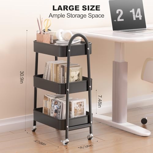 EAGMAK 3 Tier Rolling Cart, Large Metal Storage Cart with Handle and Lockable Wheels, Big Multifunctional Storage Organizer Trolley with Mesh Baskets for Kitchen, Living Room, Office, Garage (Black) - color: Black, size: Large