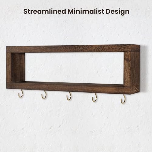 Lwenki Wall Shelf with Hooks - Decorative Key and Wallet Holder for Wall Holds Sunglasses, Leashes, Scarves and Lanyards - 15.7" x 5.1" x 2.9" Entryway Organizer Made of Paulownia Wood (Brown) - color: Brown