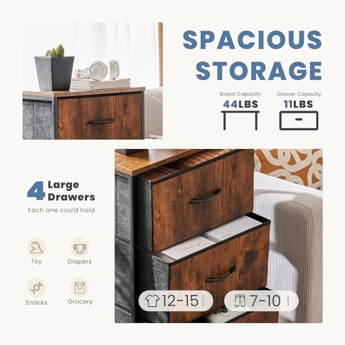 DUMOS Nightstand with 4 Drawers Bedside Table with Removable Fabric Bins Sturdy Steel Frame Wood Top Organizer Furniture for Bedroom Closet Living Room - color: Brown, size: 11.8"D x 17.7"W x 37.4"H (4 Drawers)