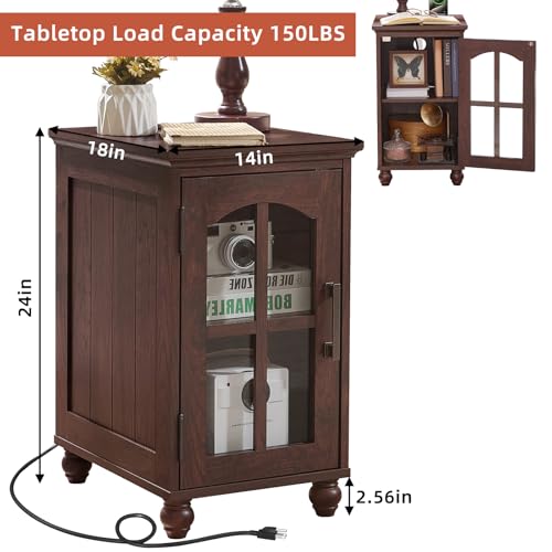 Narrow Side Table Set of 2,Farmhouse Nightstand with Charging Station,End Table with Glass Barn Door Storage, Cabinet Organizer with Adjustable Shelf, Night Stand for Small Spaces Living Room Bedroom - color: Retro Walnut, size: Set 2