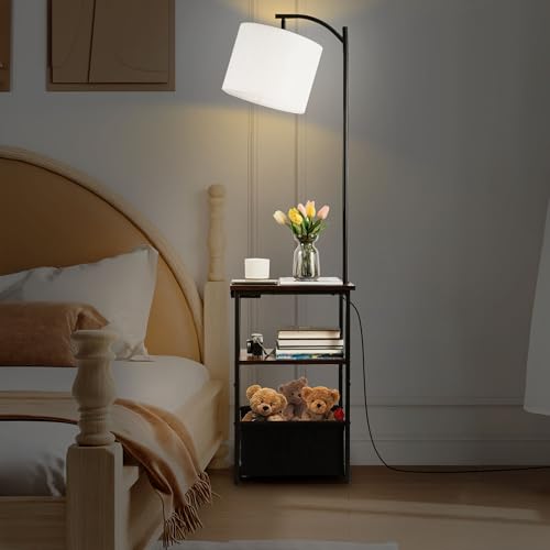 Floor Lamp with Table, Narrow Side Table with Fabric Basket, USB-A/USB-C Charging Station and AC Port, 3 Color Temperatures 12W LED Bulb, End Table for Bedroom, Living Room and Home Office, Brown - color: Brown