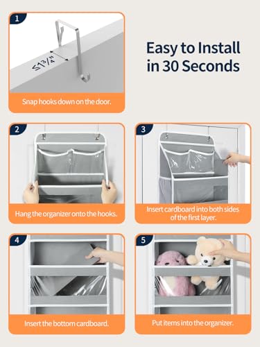 Yecaye 5 Tier 1Pc Over the Door Organizer, Stuffed Animal Storage with Clear PVC Windows, Door Organizer Hanging for Bedroom Nursery Closet Dorm Room Laundry Pantry Bathroom, Grey - color: Grey, size: 1 Pack 5 Tier