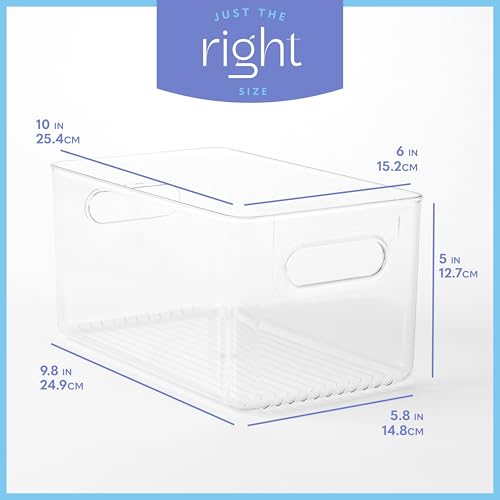 Plastic Food Storage 2 Pack Clear Container Bin with Handles for Organizing Kitchen, Pantry, Refrigerator, Freezer, Pantry, Cabinet, Closet, Bathroom. 10”x6”x5” - size: 10x6x5