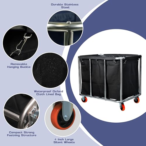 Commercial Laundry Cart with Wheels, 400L Large Capacity Heavy Duty Stainless Laundry Basket,Laundry Sorter for Clothes Storage,330 lbs Load (Black) - color: Black