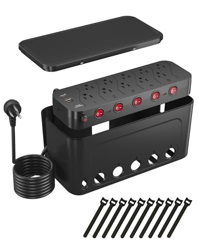 Power Strip with Cable Management Box,Surge Protector 10 AC and 3 USB Ports,6 ft Flat Plug Extension Cord,Outlet Hider Fast Charging Station,Desk Cord Organizer Box and Cover,Hidden Long Wire,Black