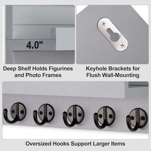 Lwenki Key Holder Wall Mount, Entryway Key and Mail Holder with 7 Sturdy Hooks for Sunglasses, Dog Leash, Decorative Wall Shelf with Mounting Hardware, 15”W x 6.7”H x 4.2”D (Gray) - color: Gray