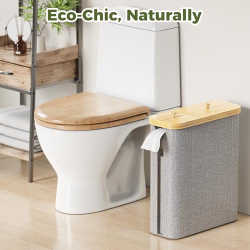 42L Toilet Paper Basket with Bamboo Lid, Toilet Paper Storage with Toilet Paper Holder & Non-Slip Mat for Bathroom Organizer, Holds up to 19 Regular Rolls or 14 Mega Rolls, Collapsible & Stackable - color: White