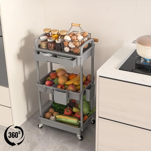 3 Tier Rolling Utility Cart with Drawer, Plastic Storage Organizer Rolling Carts with Wheels Handles Hanging Cups Hooks for Office, Bathroom, Kitchen,Craft Art Room (Grey) - color: Gray, size: 3-Tier
