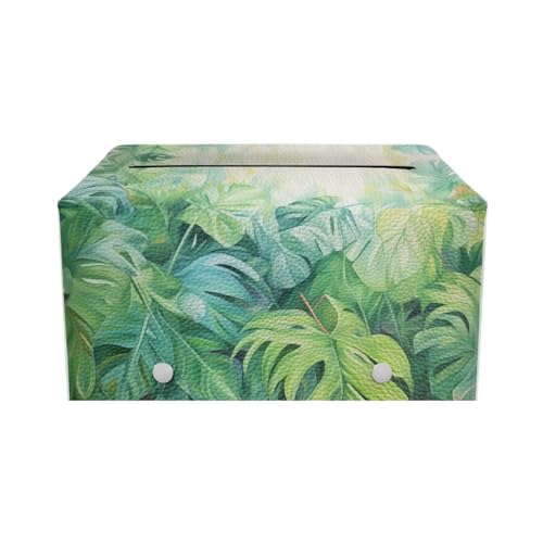 Green Palm Leaves Leather Tissue Box Cover PU Leather Facial Tissue Tissue Box Cover Rectangle Square Leather Tissue Cover Decorative Organizer for Bathroom Vanity Countertop - color: Green Palm Leaves
