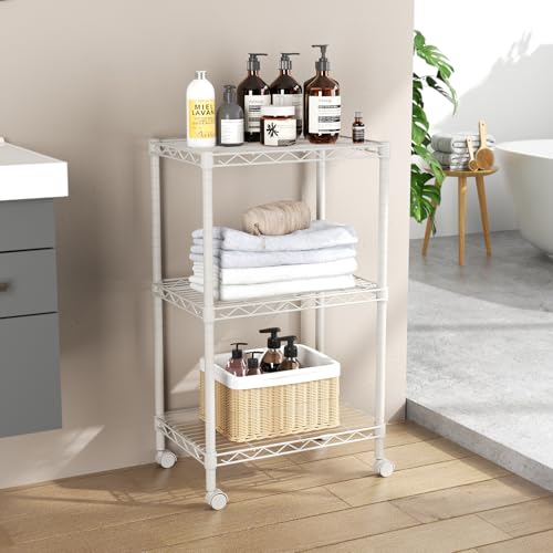 SINGAYE 3 Small Shelves Storage Shelf Wire Shelving Unit Metal Shelf Adjustable Organizers Storage Shelving with Wheels for Bathroom Laundry Room Kitchen Pantry11.5”D x 17.5”W x 30.5”H White - color: White, size: 3Tier/11.5"D X 17.5"W X 30.5"H