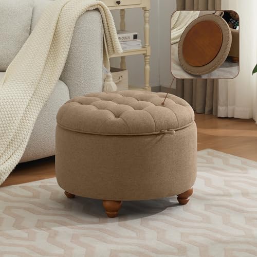 WUTUTUEE 24Inch Round Storage Ottoman with Tray, Modern Tufted Fabric Circle Coffee Table with Storage, Upholstered Ottoman with Removable Top for Living Room, Bedroom, Brown - color: Brown, size: 24 Inch
