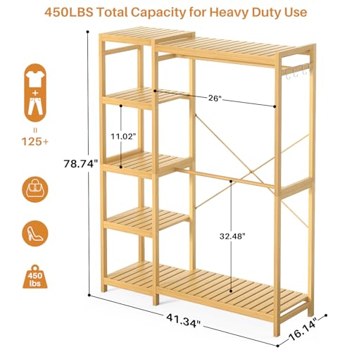 Homykic Bamboo Clothes Rack Garment Rack for Hanging Clothes, Heavy Duty Clothing Rack with 7 Tiers Adjustable Shelves, Double Rods, 4 Hooks, Freestanding Closet System Organizer Wardrobe, Natural - color: Natural, size: II Medium