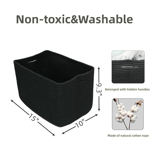Cotton Rope storage Basket Bins 15X10X9.3“ Woven Basket for Organizing Shelves Rectangle Decorative Baskets For storage Clothes Toys Books Towels Square Wicker Nursery basket organizer 3 pack black - color: black