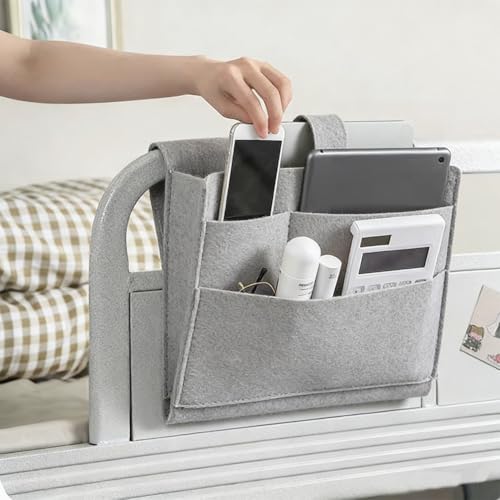Felt Bedside Caddy, Large Bed Storage Organizer Hanging Bag Holder with Cord Slit,Magazine Book Phone and Remote Caddy for Bed Home Dorm Sofa,Bedside Pouch - color: Gray