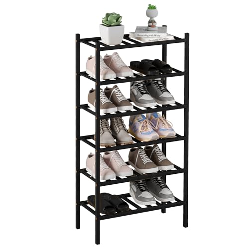 ROMGUAR CRAFT 6-Tier Bamboo Small Shoe Rack, Free Standing Wood Shoe Shelf Storage Organizer for Closet Entryway Stackable (Black) - color: Black, size: 6-Tier(Small)