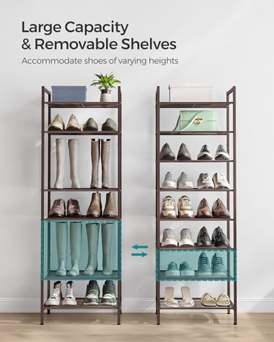 SONGMICS Narrow Shoe Rack - Sturdy 8 Tier Metal Tall Shoe Rack Shelf, Slim Shoe Storage Organizer for Closet Entryway Small Spaces, Bronze, 12"D x 17.6"W x 50.6"H - color: Bronze