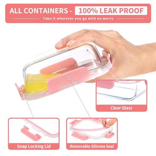 GULFLIN Glass Meal Prep Containers 12-Pack, 22oz Glass Food Storage Containers with Lids, Air-Tight, Leak-Resistant, Freezer to Microwave Safe-Pink Set - color: 22oz,Same Size - 12 Pack,Pink Set