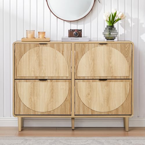 Turtle&Myrtle Narrow Fluted Shoe Cabinet for Entryway, Slim Hidden Shoe Rack, Wooden Freestanding Shoe Storage Organizer with 4 Flip Drawers, Hallway, Living Room, Foyer (Natural) - color: Natural-4 Flip Drawers
