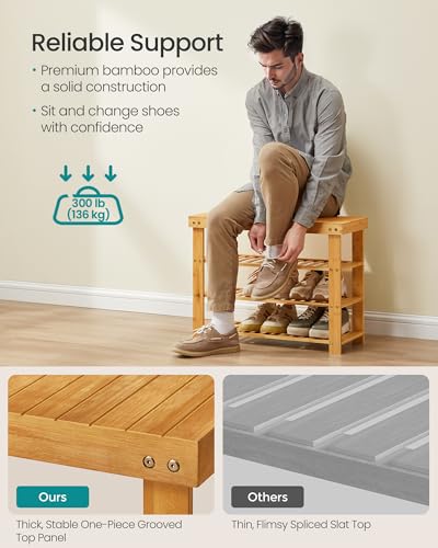 SONGMICS Shoe Rack Bench, 4 Tier Bamboo Shoe Storage Organizer, Entryway Bench, for Living Room, Bathroom, Bedroom, 11.3 x 27.6 x 20.5 Inches, Light Bamboo ULBS370YL01 - color: Light Bamboo, size: 11.3"D x 27.6"W x 20.5"H