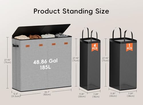 Laundry Hamper 4-Section with Lid, 185L Laundry Sorter with 4 Removable Bags + 1 Extra Large Bag, Switchable 3/4 Compartment, Laundry Basket Organizer for Bedroom, Laundry Room，Grey - color: Grey, size: 185L - 4 Section